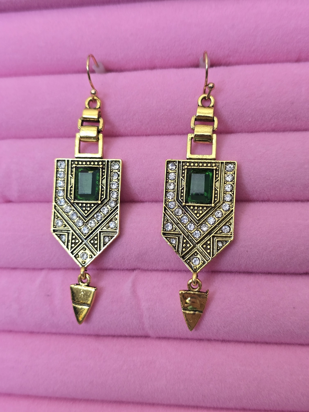 Gold-Tone Green Crystal Art Deco Drop Earrings